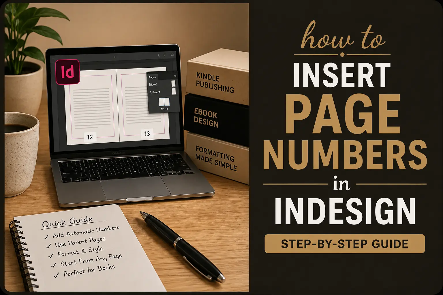 How to insert page numbers in InDesign step-by-step guide with a laptop showing an InDesign document.